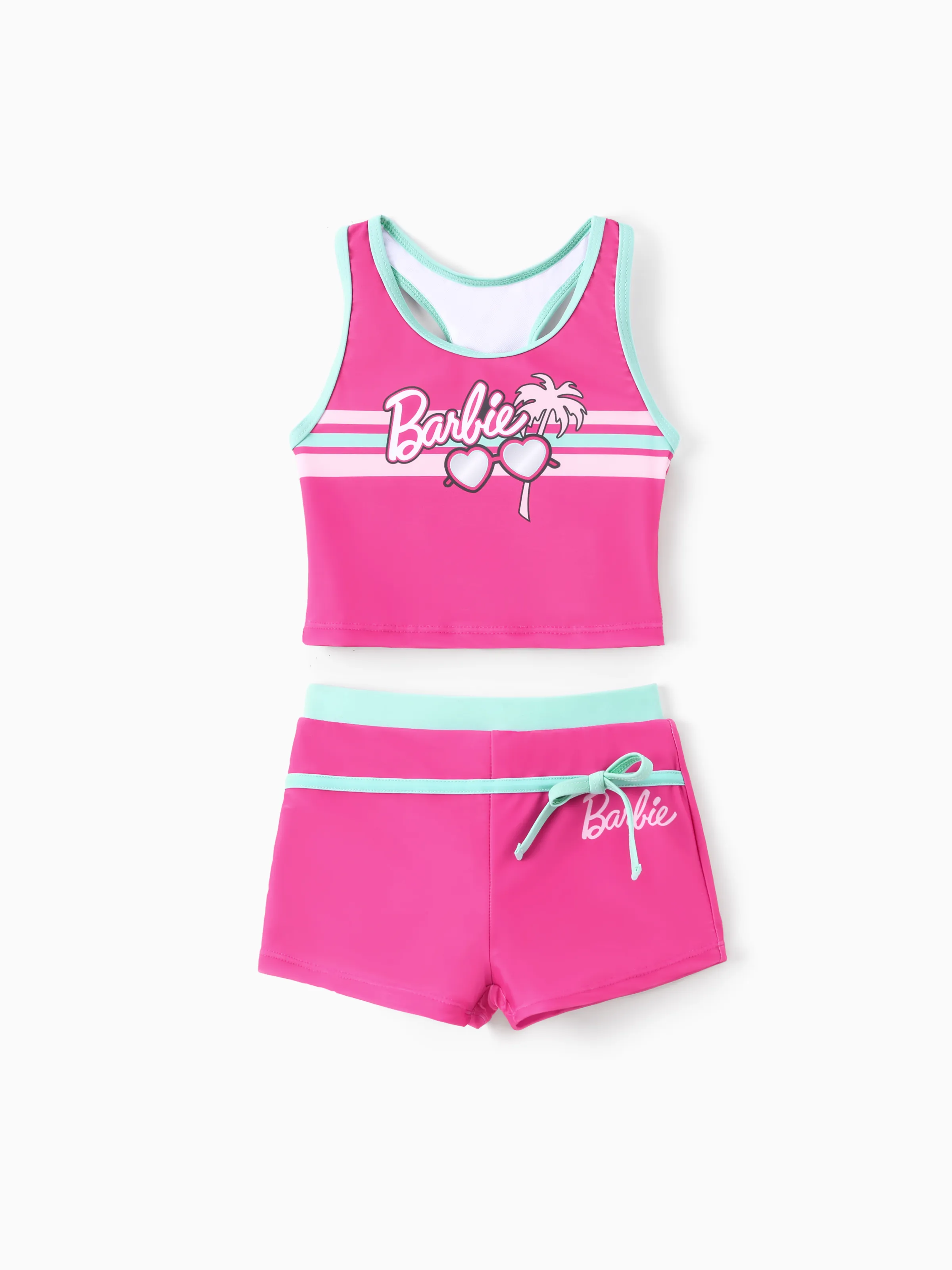 Barbie Toddler/Kid Girl 2pcs Striped Glasses Coconut Tree Print Colorblock Bowknot Tank Top And Shorts UPF 50+ Swimsuit Set Hot Pink