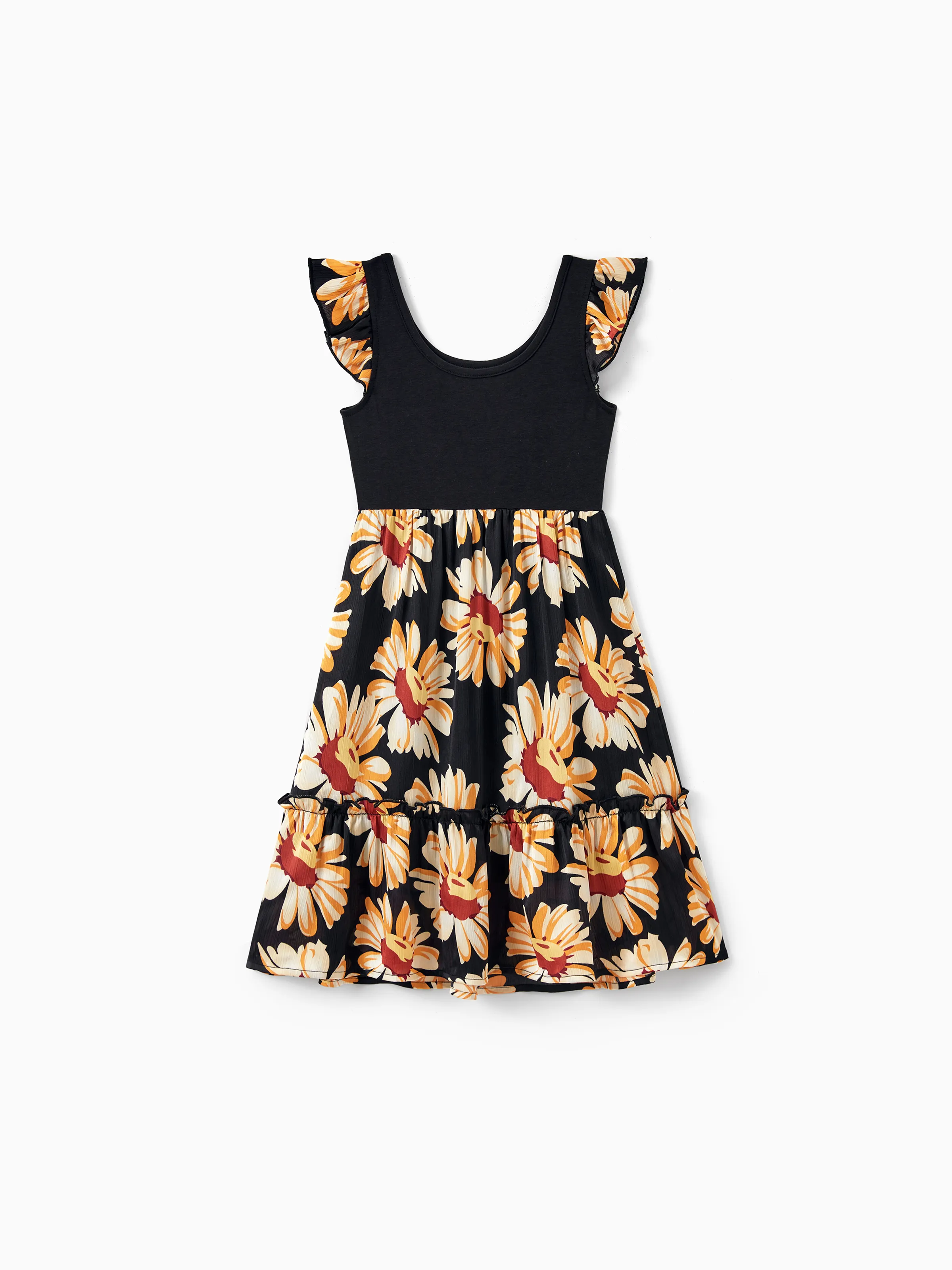 Family Matching Set Floral Sleeveless Strappy Dress or Colorblock Short-sleeve T-shirt  Black - Image 12