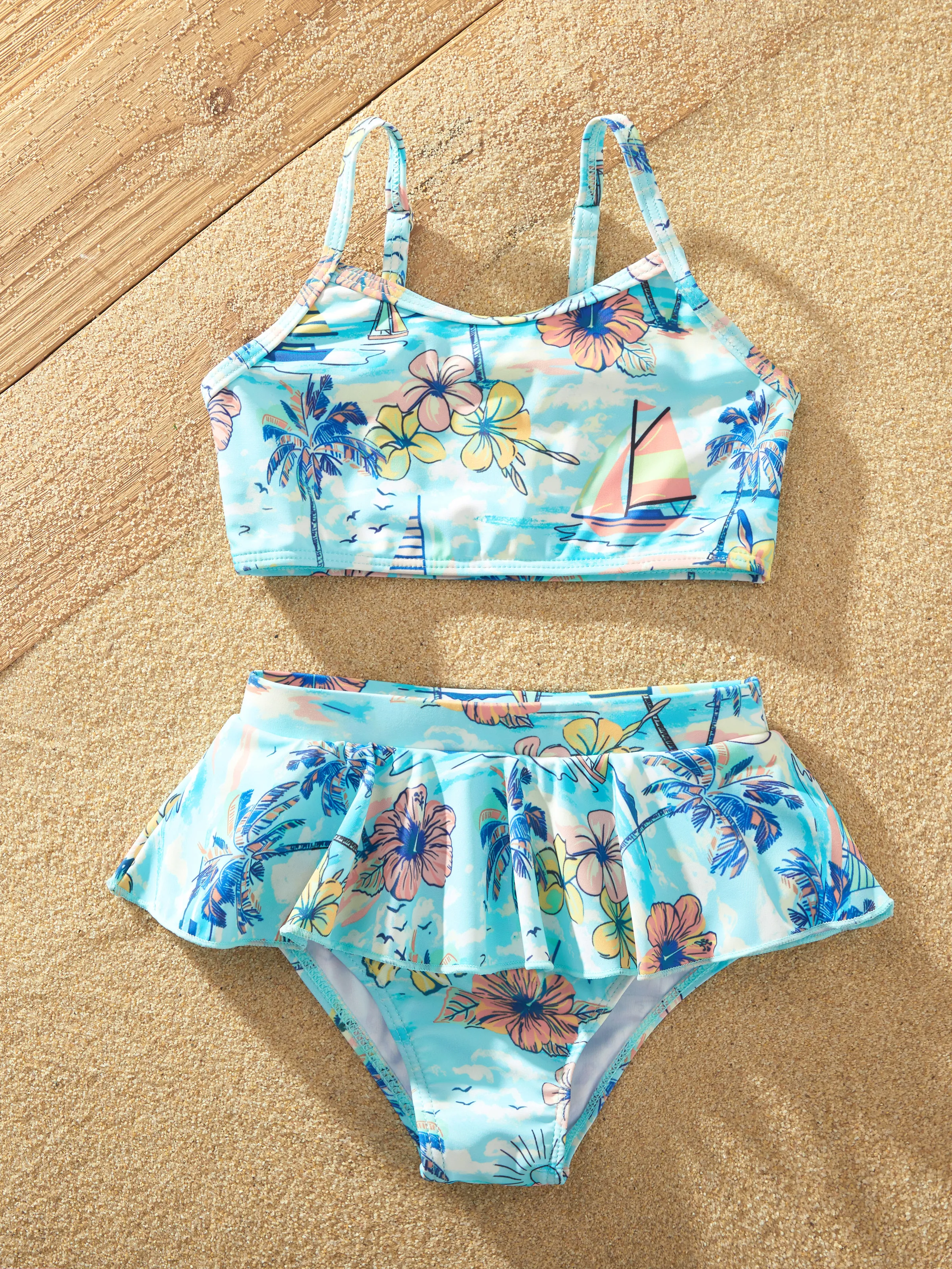 Family Matching Swimwear Tropical Print, Mommy Tie-front Cutout One-piece Swimsuit, Girl two-piece Swimsuit Daddy & Son Swim Trunks Set for Summer Beach Vacation Light Blue - Image 12