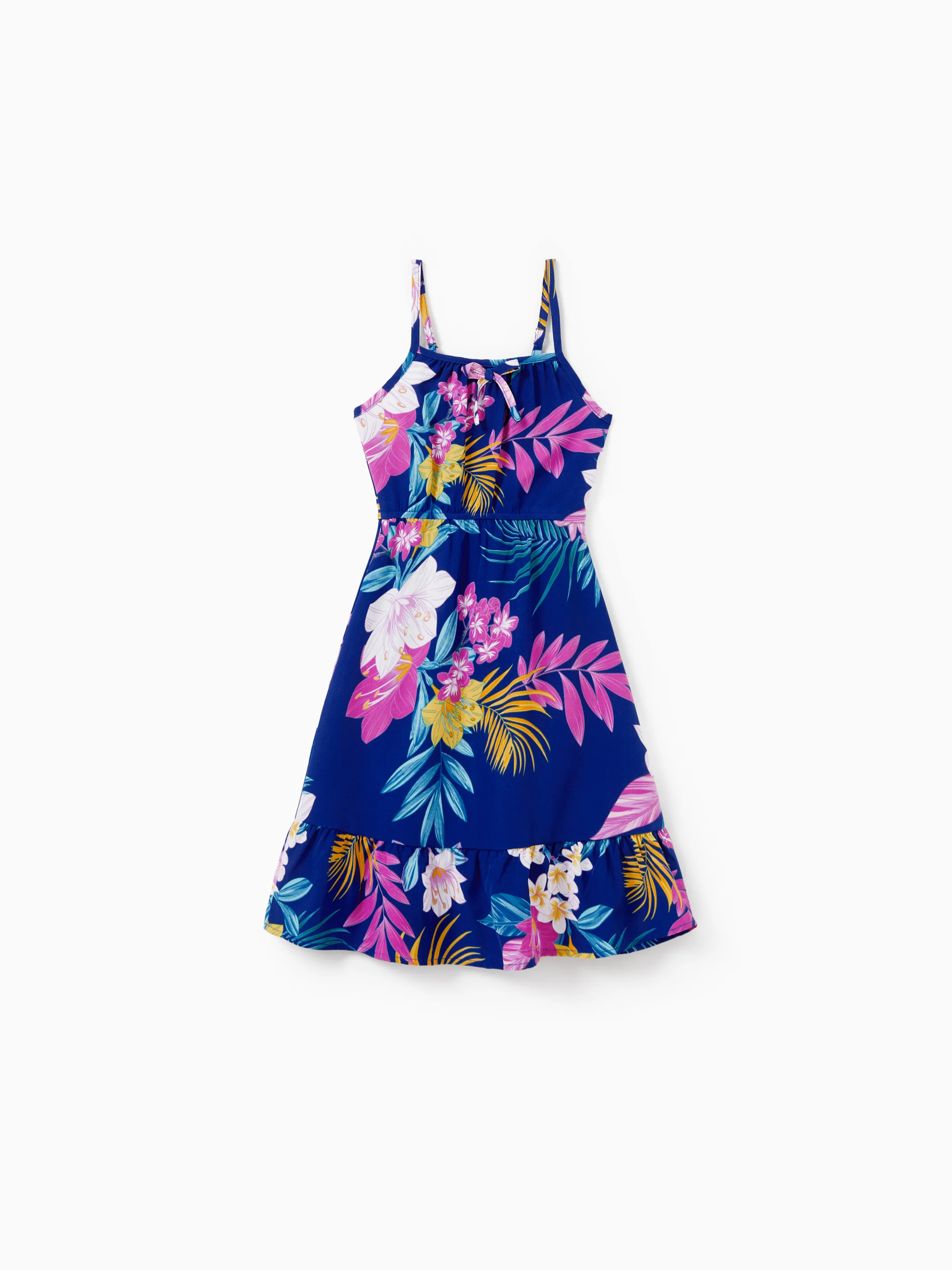 Matching Family Hawaiian Outfits Tropical Floral Print Strap Dress or Short-sleeve Shirts & Shorts Set Summer Beachwear Set for Vacation Deep Blue - Image 11