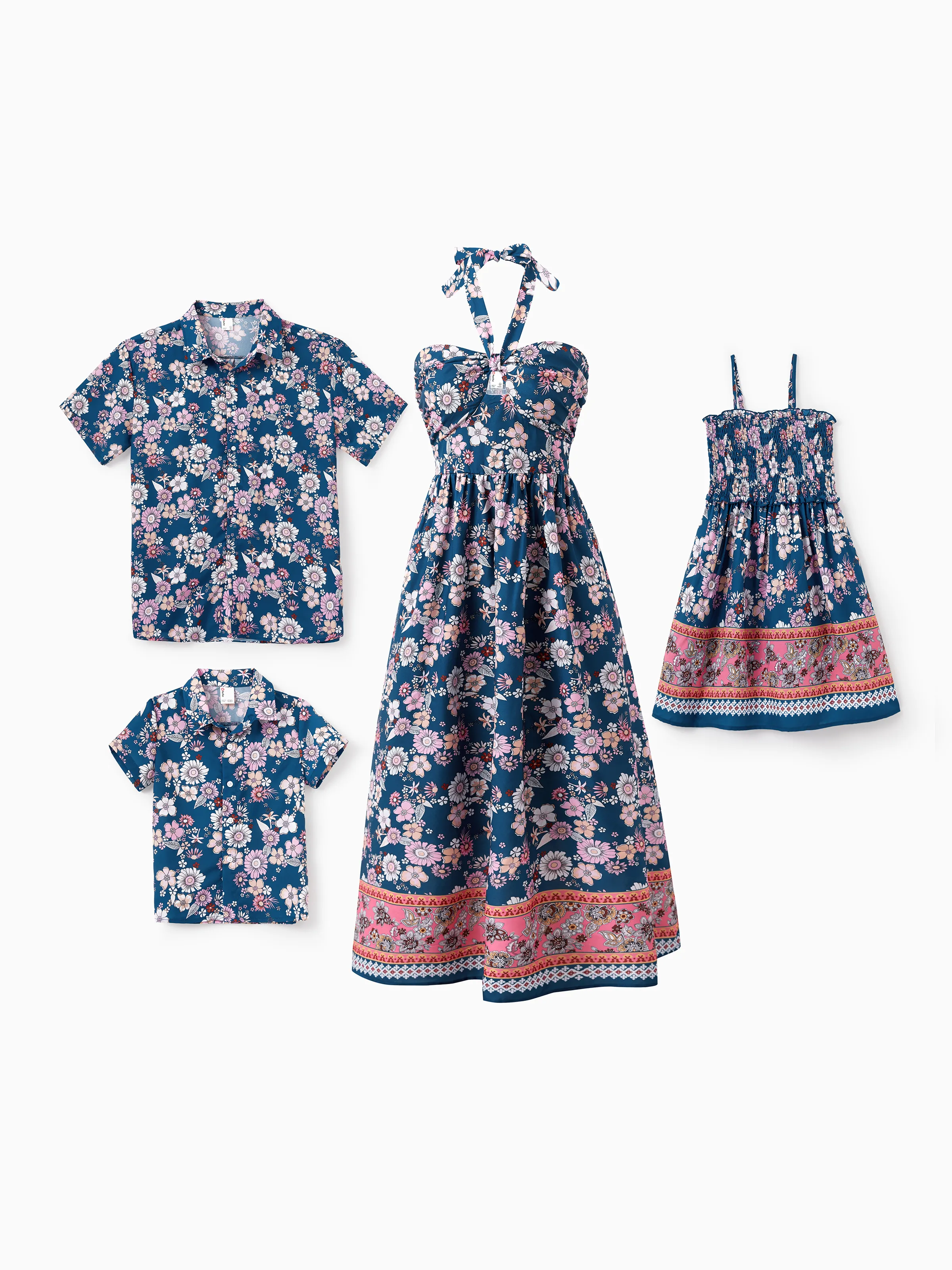 Mommy & me outfits Floral Allover Print Short-sleeve Collar Shirt or Halter Sleeveless Dress for Summer Vacation CYAN- - Image 2