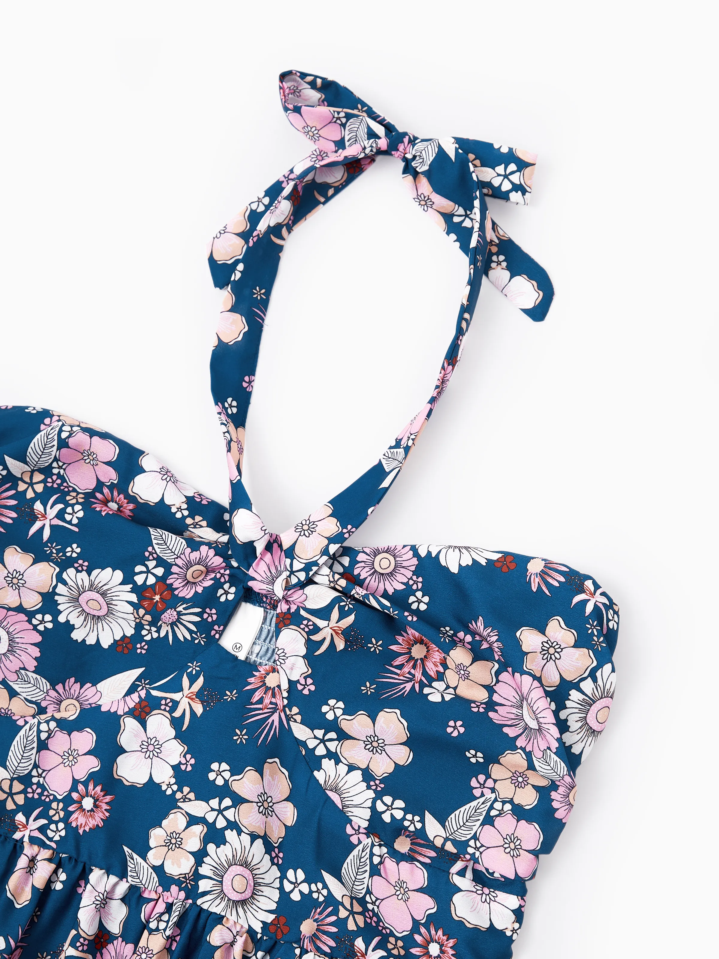 Mommy & me outfits Floral Allover Print Short-sleeve Collar Shirt or Halter Sleeveless Dress for Summer Vacation CYAN- - Image 5