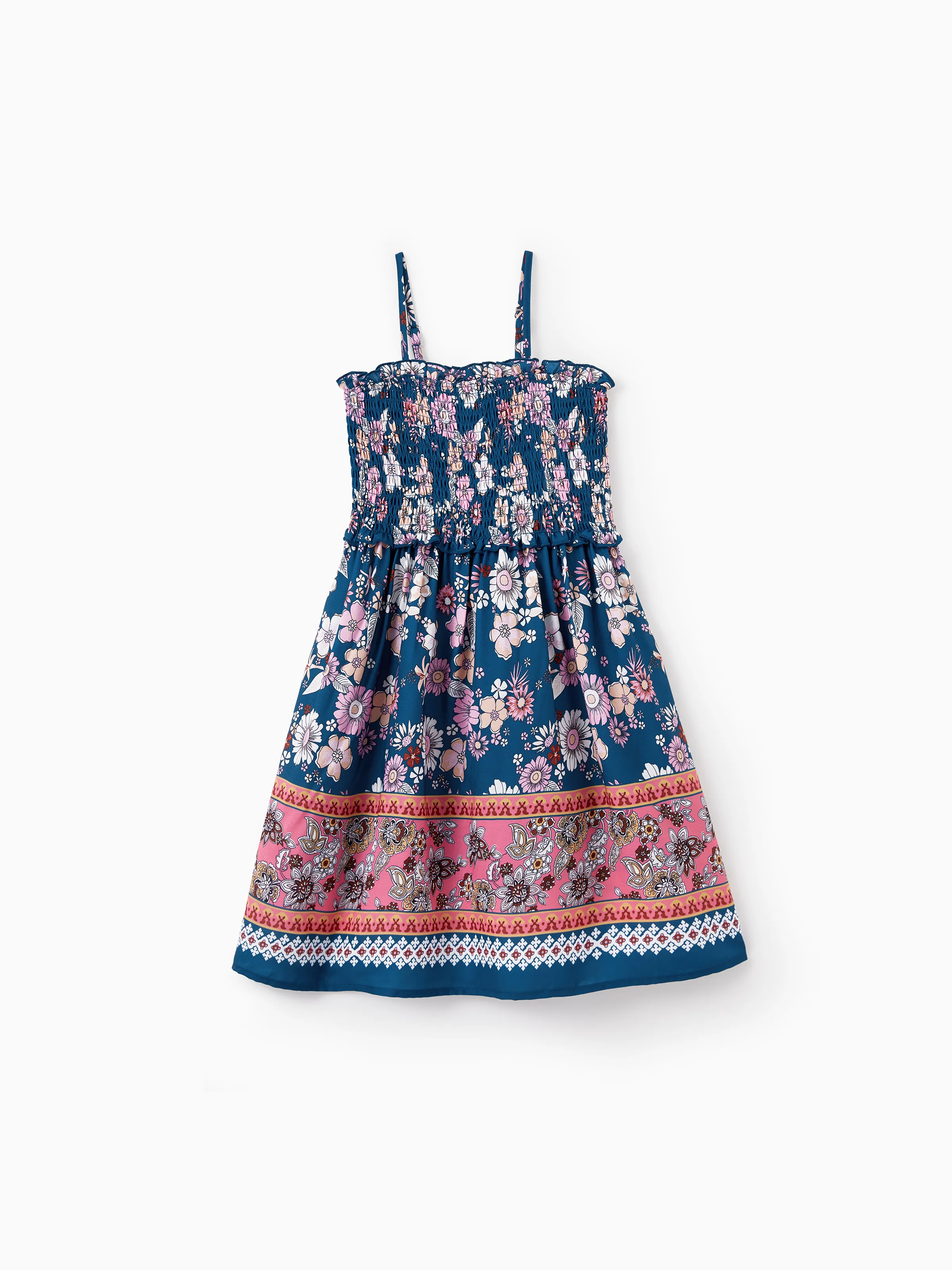 Mommy & me outfits Floral Allover Print Short-sleeve Collar Shirt or Halter Sleeveless Dress for Summer Vacation CYAN- - Image 8