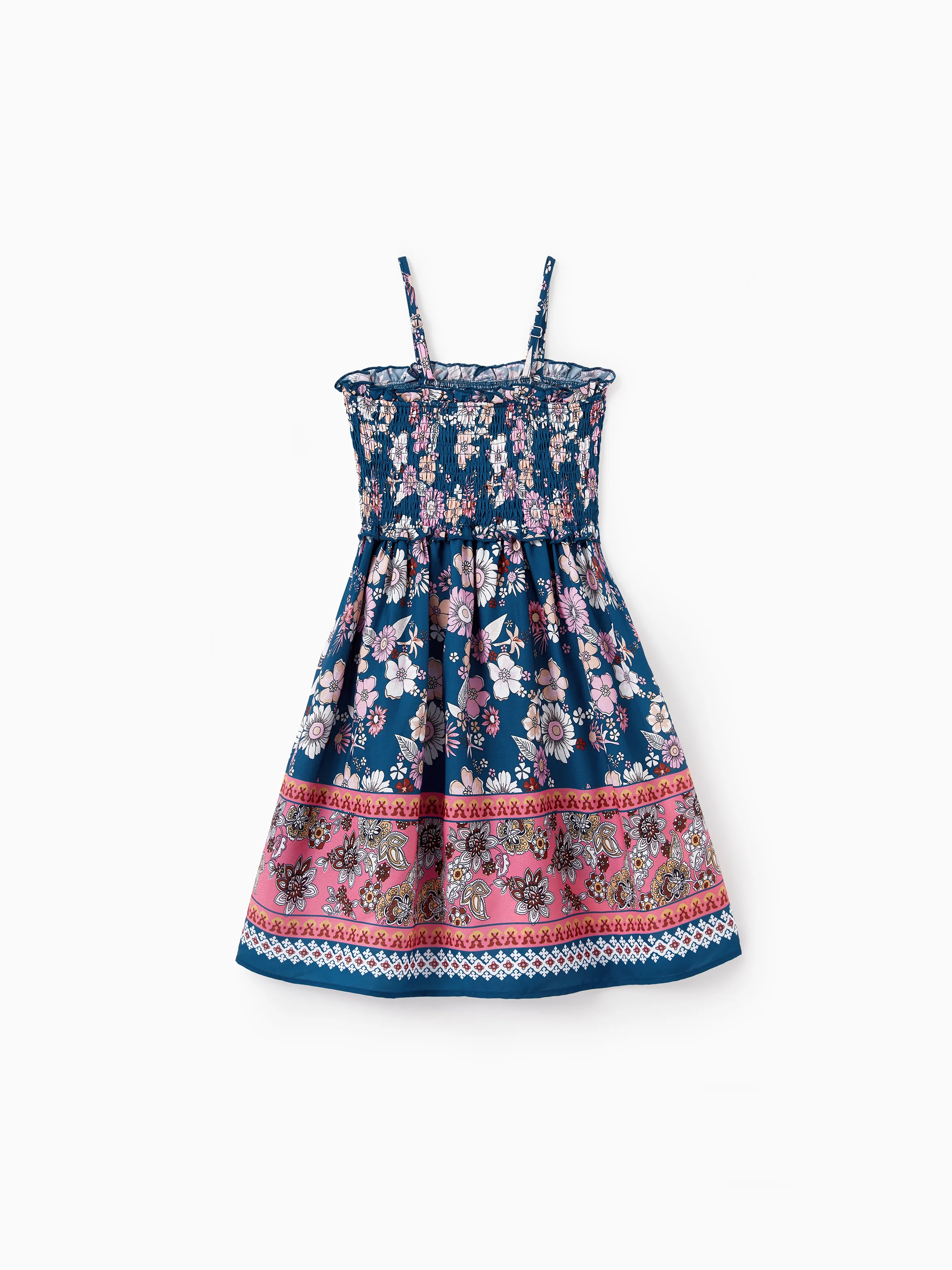 Mommy & me outfits Floral Allover Print Short-sleeve Collar Shirt or Halter Sleeveless Dress for Summer Vacation CYAN- - Image 9