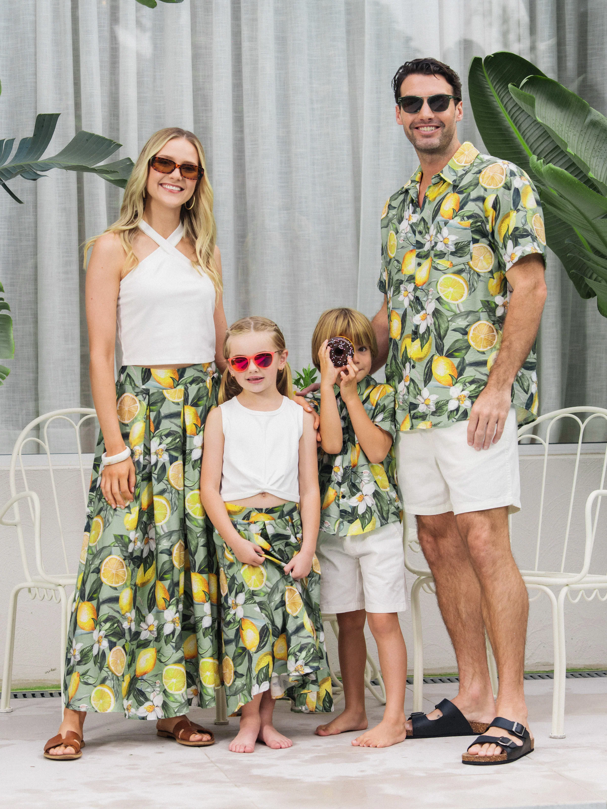 Mommy & me Outfits – Lemon Print Hawaiian Summer Dresses – Tropical Vacation Clothes for Men, Women & Kids Green - Image 2