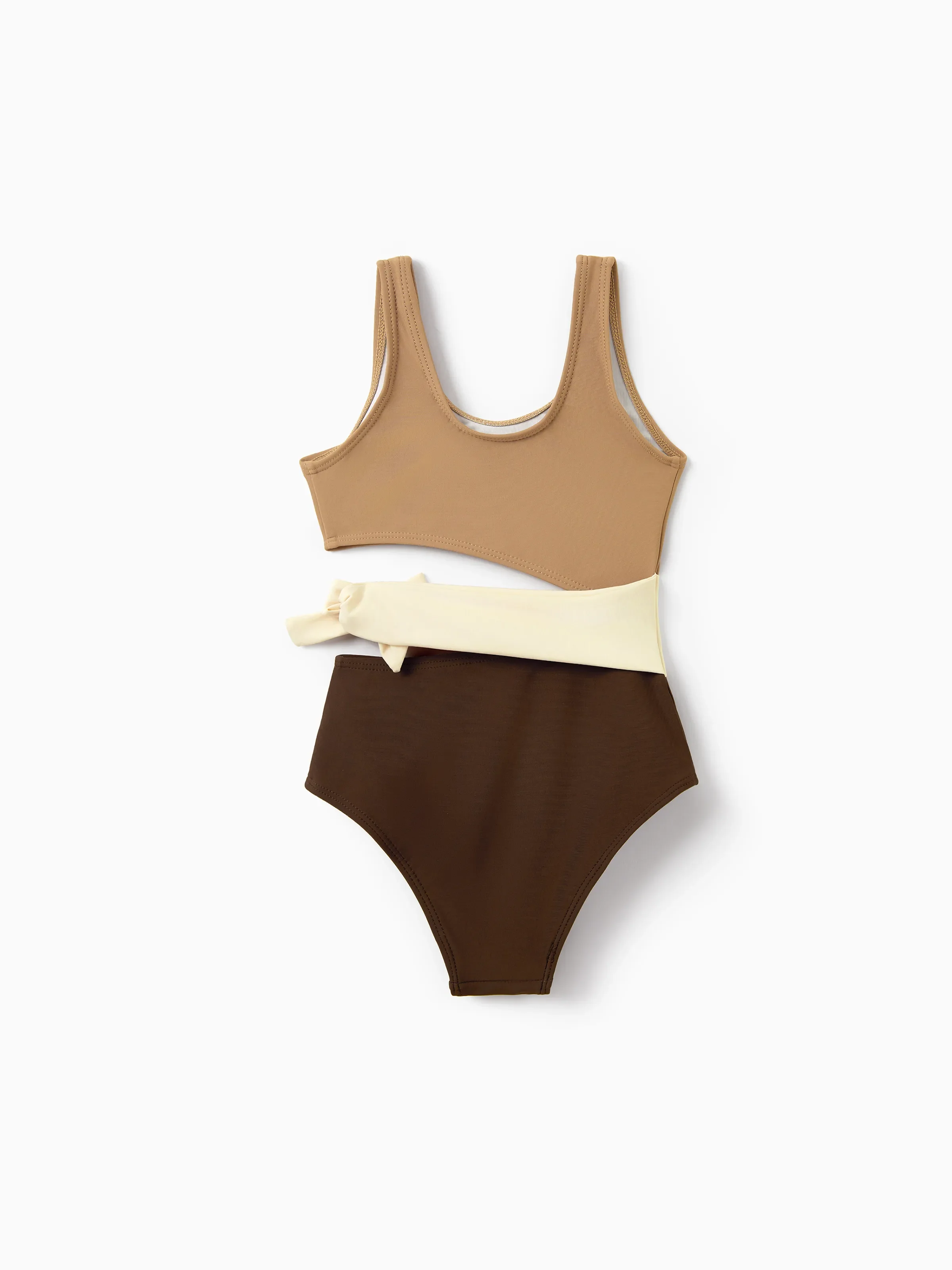 Toddler Girl Color Block Swimsuits, Summer Beach Vacation Swimwear Coffee - Image 3