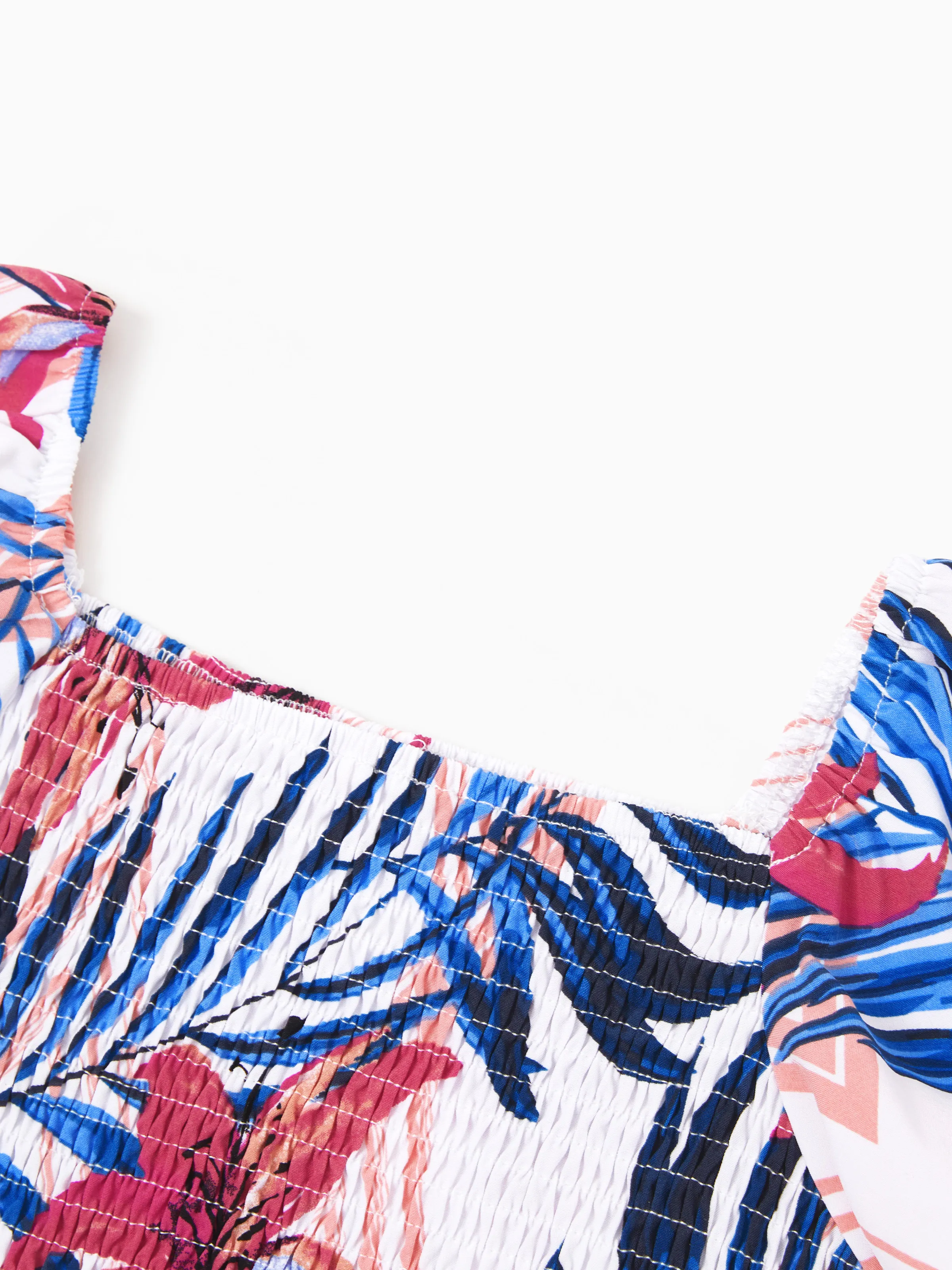 Tropical Floral Family Matching Outfits Pink Blue Leaf Print Short-sleeve Shirt or One Shoulder Smocked top and Skirt Co-ord Set for Vacation, Cruise, Beach White - Image 10