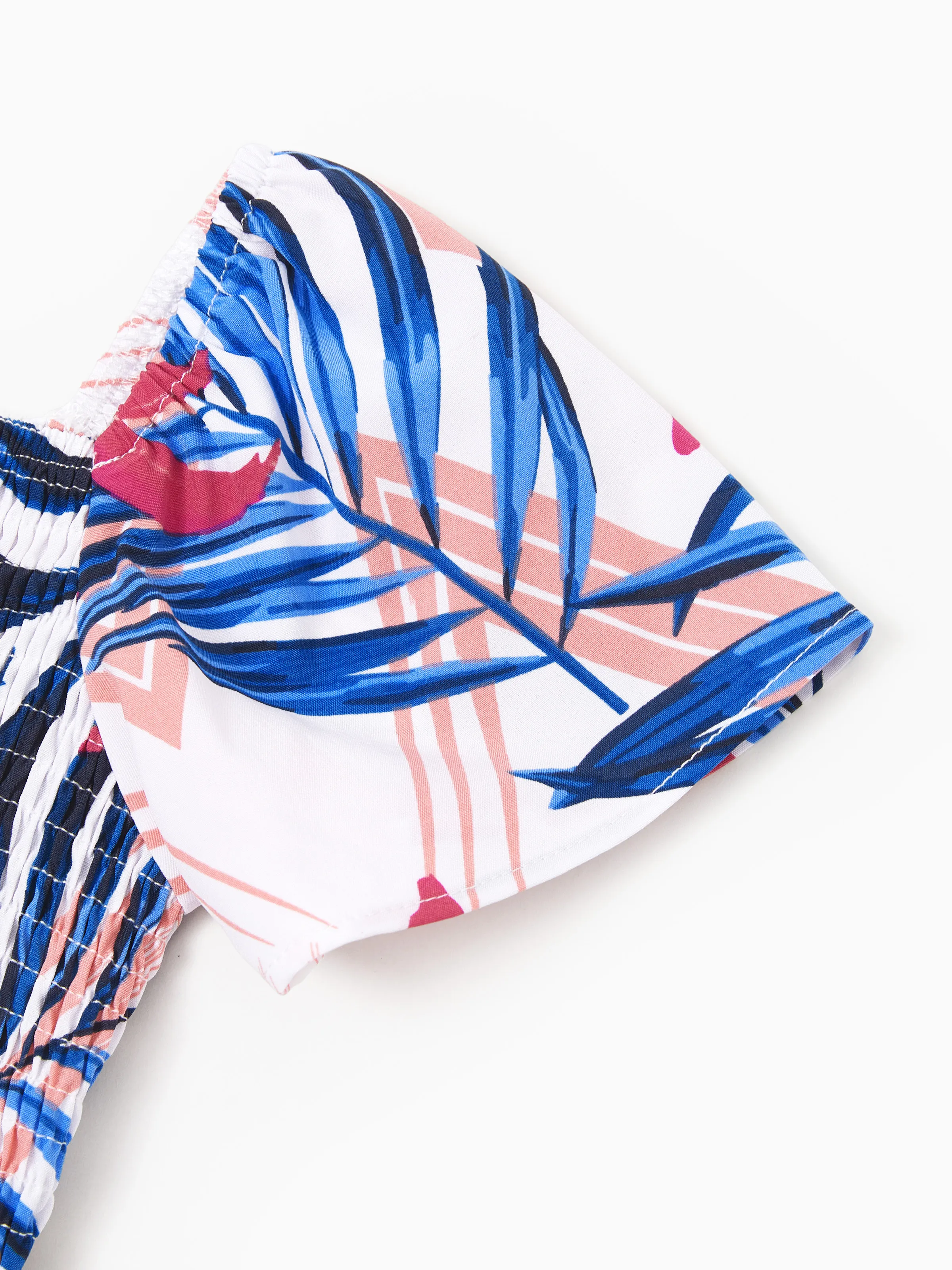 Tropical Floral Family Matching Outfits Pink Blue Leaf Print Short-sleeve Shirt or One Shoulder Smocked top and Skirt Co-ord Set for Vacation, Cruise, Beach White - Image 11