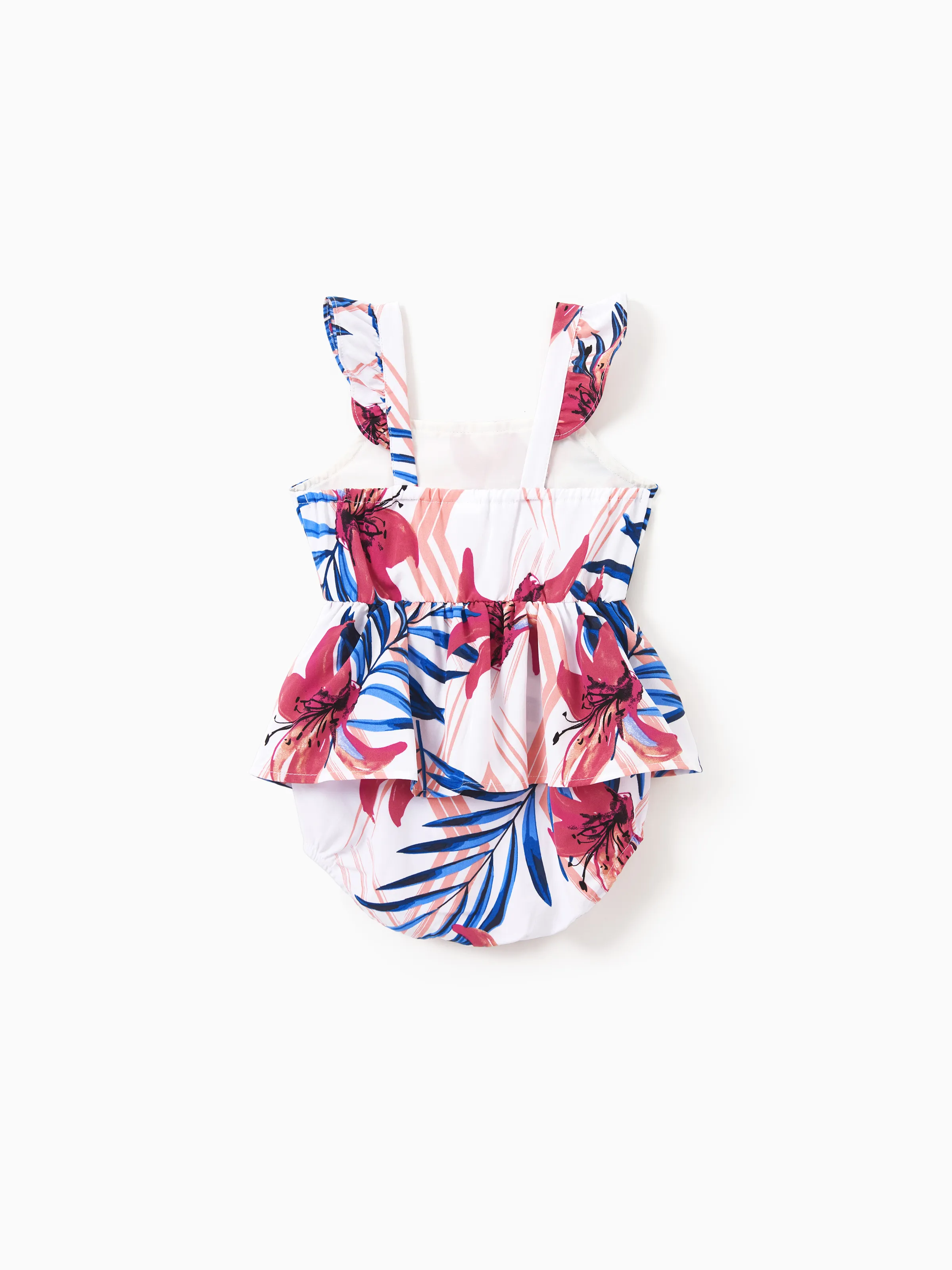 Tropical Floral Family Matching Outfits Pink Blue Leaf Print Short-sleeve Shirt or One Shoulder Smocked top and Skirt Co-ord Set for Vacation, Cruise, Beach White - Image 13
