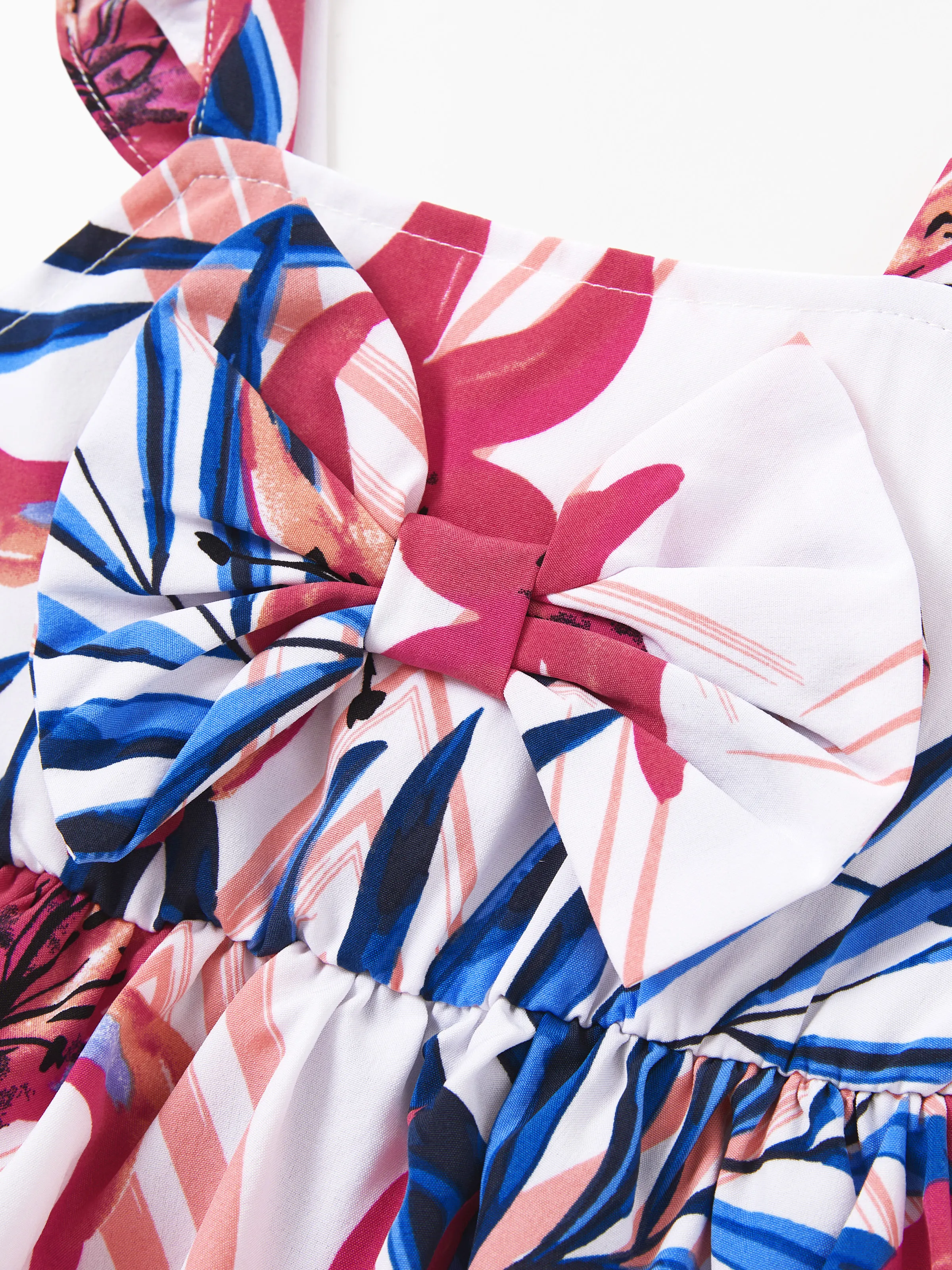 Tropical Floral Family Matching Outfits Pink Blue Leaf Print Short-sleeve Shirt or One Shoulder Smocked top and Skirt Co-ord Set for Vacation, Cruise, Beach White - Image 15