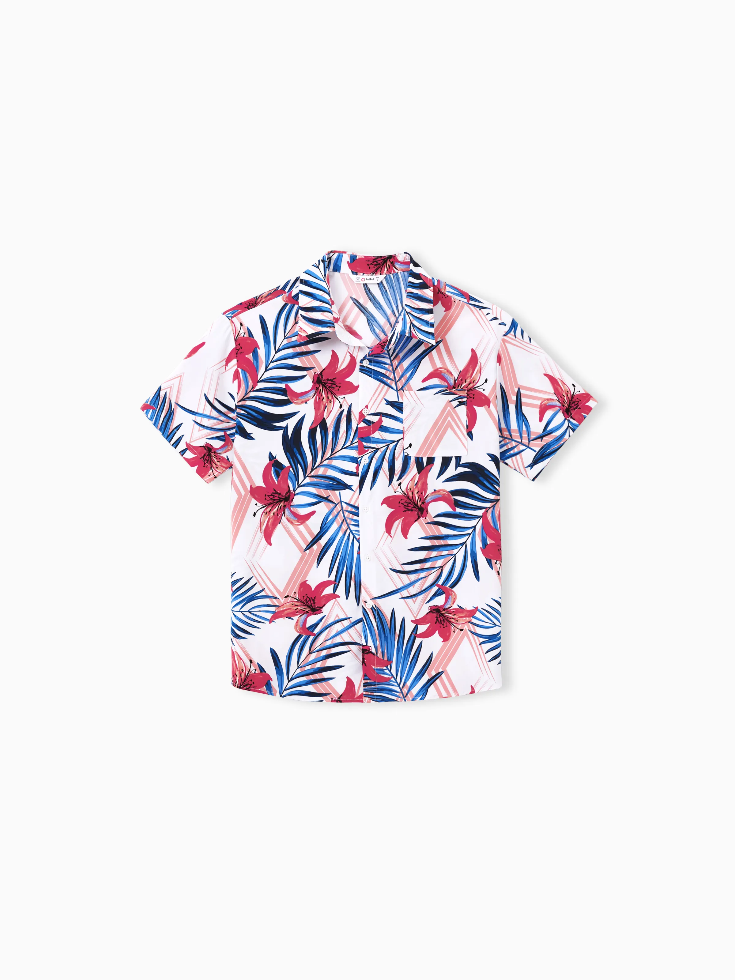 Tropical Floral Family Matching Outfits Pink Blue Leaf Print Short-sleeve Shirt or One Shoulder Smocked top and Skirt Co-ord Set for Vacation, Cruise, Beach White - Image 22
