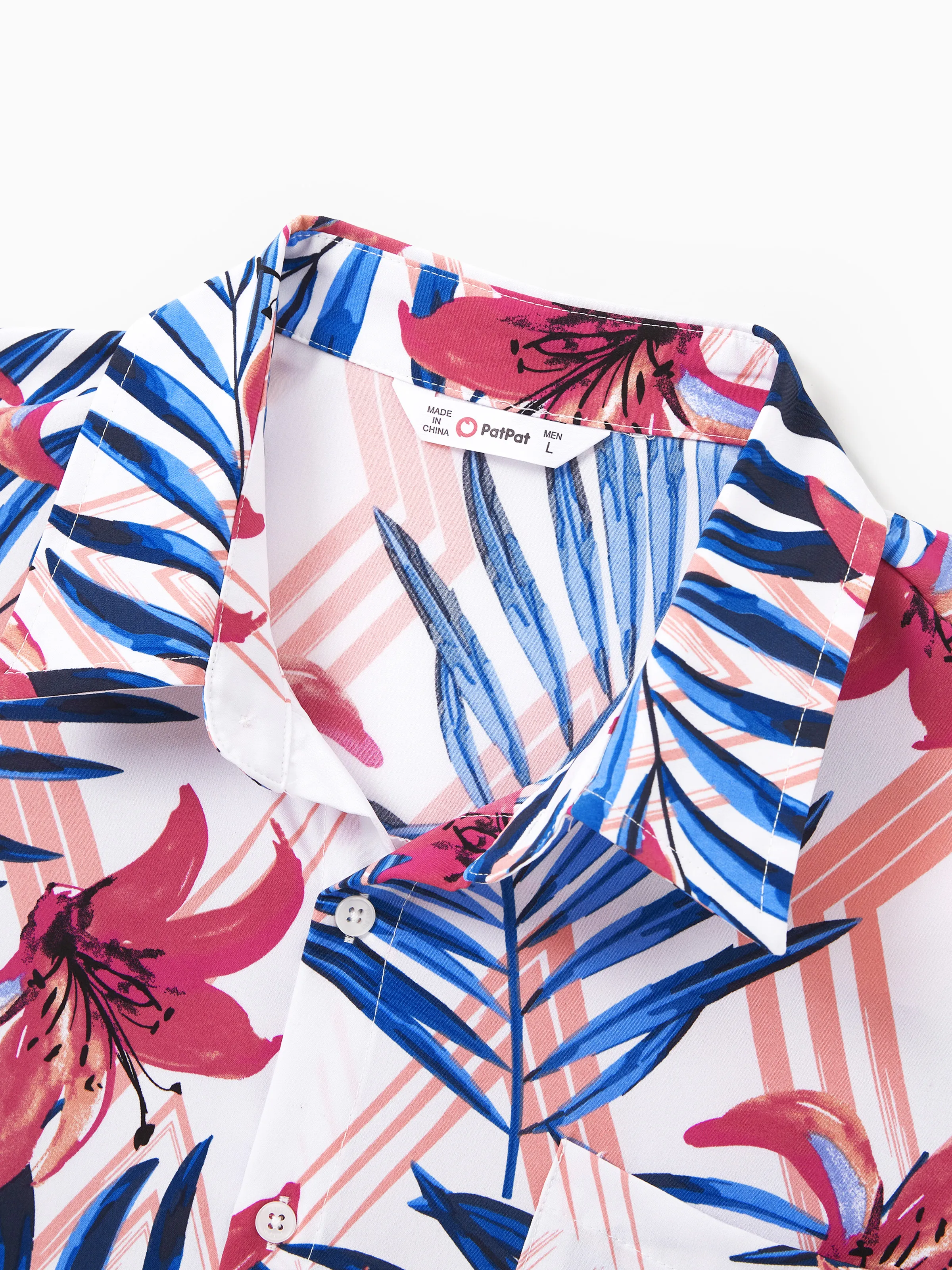 Tropical Floral Family Matching Outfits Pink Blue Leaf Print Short-sleeve Shirt or One Shoulder Smocked top and Skirt Co-ord Set for Vacation, Cruise, Beach White - Image 24