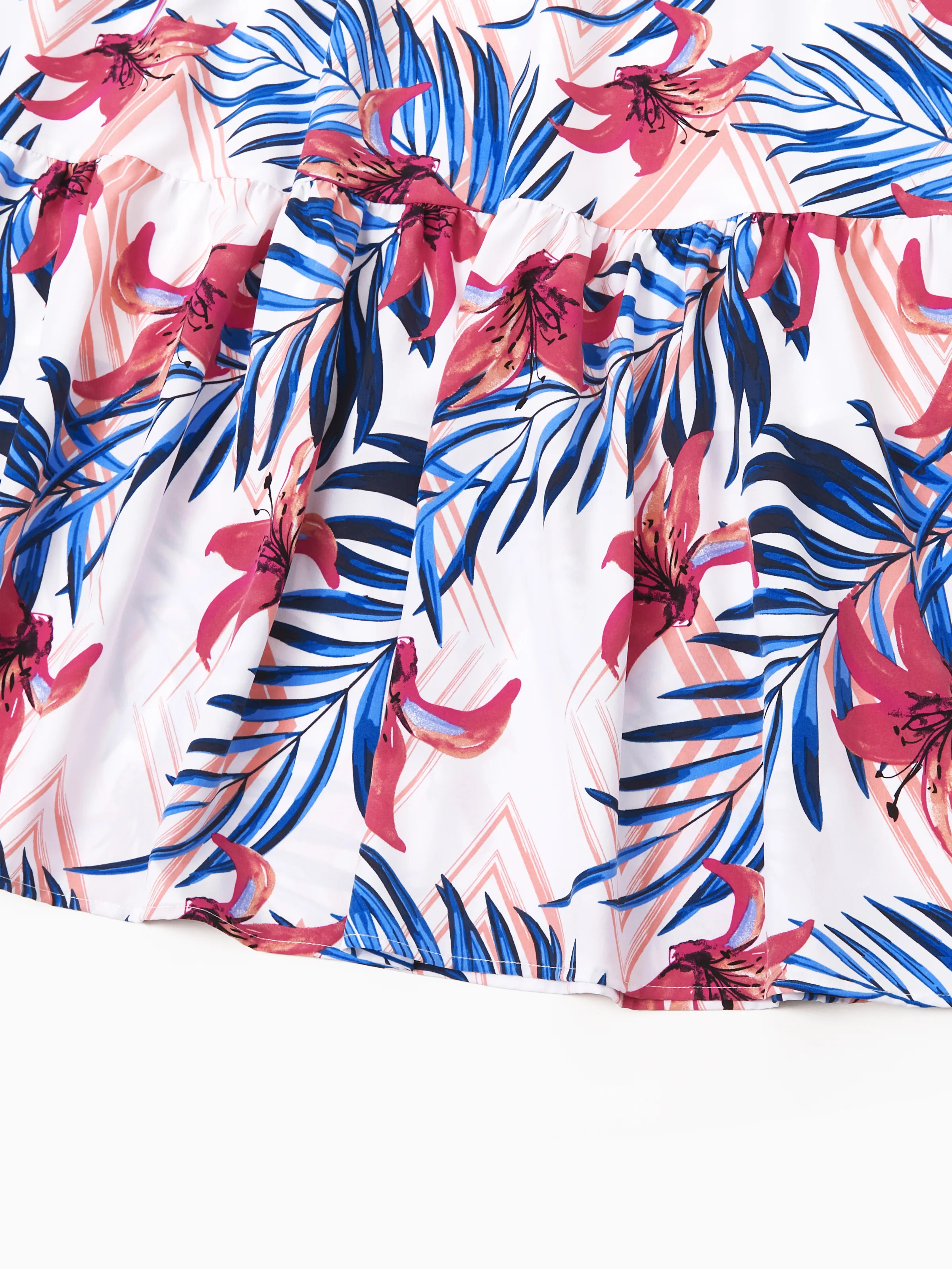 Tropical Floral Family Matching Outfits Pink Blue Leaf Print Short-sleeve Shirt or One Shoulder Smocked top and Skirt Co-ord Set for Vacation, Cruise, Beach White - Image 6